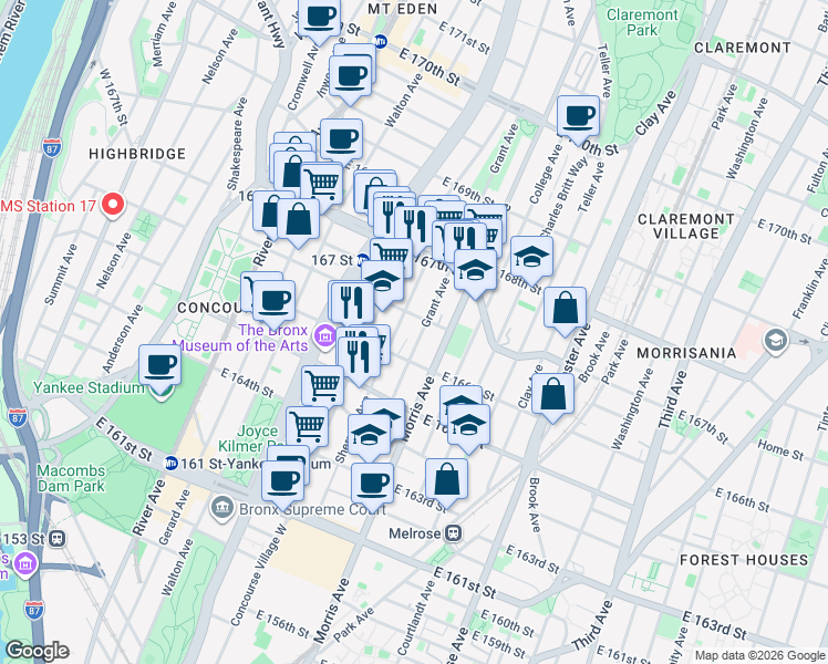 map of restaurants, bars, coffee shops, grocery stores, and more near 1114 Sherman Avenue in The Bronx