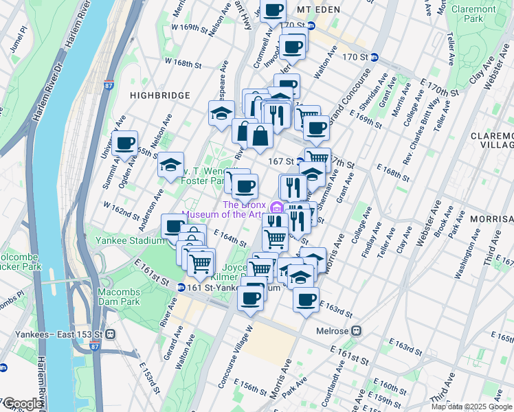 map of restaurants, bars, coffee shops, grocery stores, and more near 1050 Fulton Avenue in Bronx