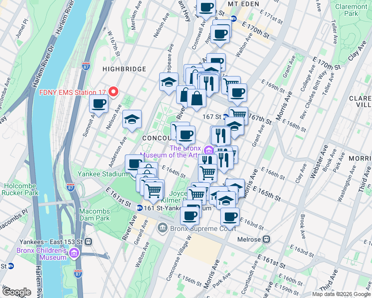map of restaurants, bars, coffee shops, grocery stores, and more near 1050 Fulton Avenue in Bronx