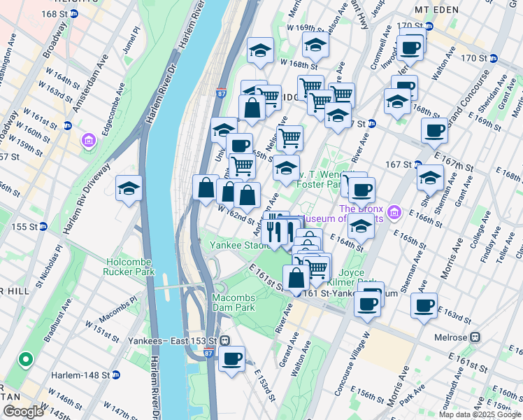 map of restaurants, bars, coffee shops, grocery stores, and more near 966 Anderson Avenue in Bronx