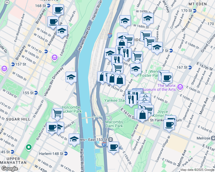 map of restaurants, bars, coffee shops, grocery stores, and more near 943 Ogden Avenue in Bronx
