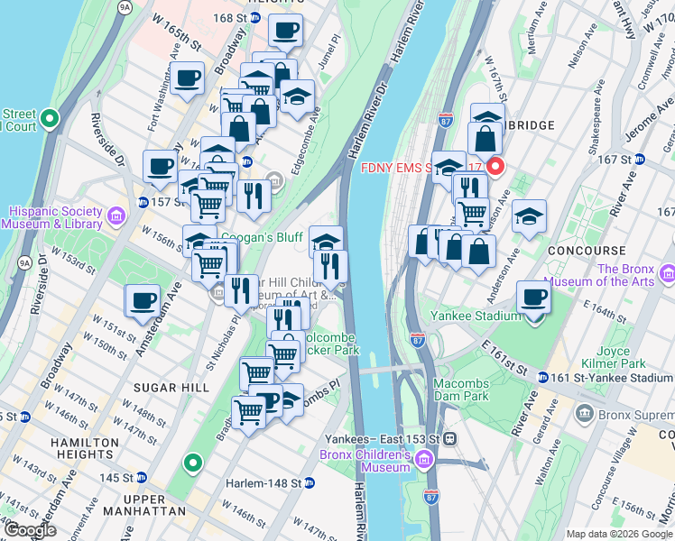 map of restaurants, bars, coffee shops, grocery stores, and more near 2971 Frederick Douglass Boulevard in New York