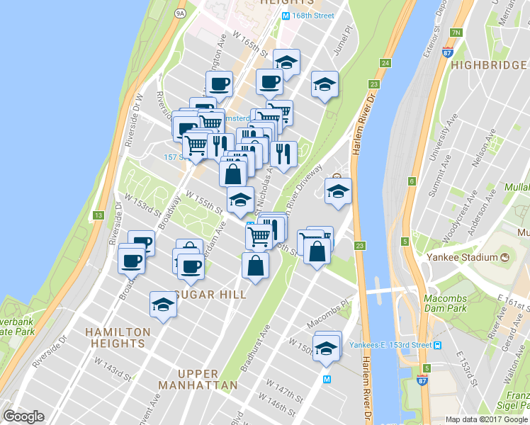 map of restaurants, bars, coffee shops, grocery stores, and more near 889 Saint Nicholas Avenue in New York