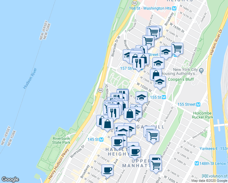 map of restaurants, bars, coffee shops, grocery stores, and more near 625 West 152nd Street in New York