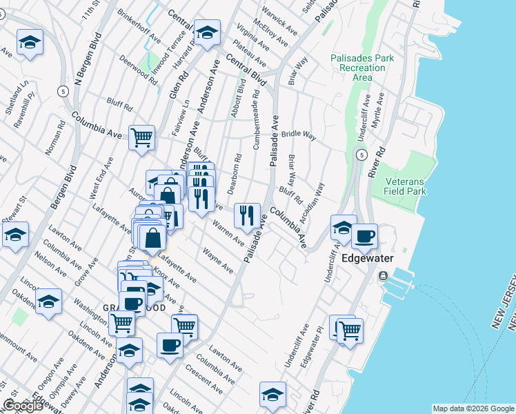 map of restaurants, bars, coffee shops, grocery stores, and more near 1002 Cumbermeade Road in Fort Lee