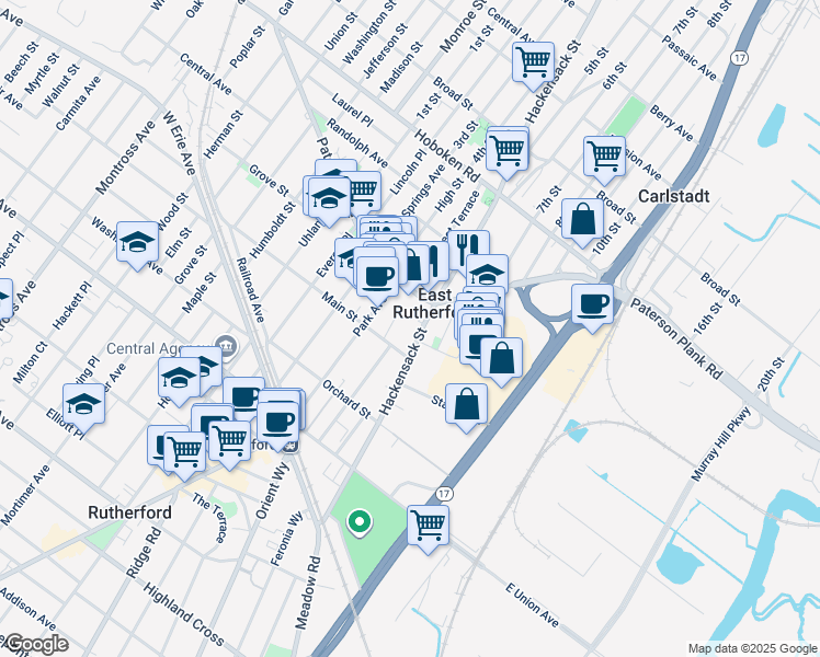 map of restaurants, bars, coffee shops, grocery stores, and more near 130 Hackensack Street in East Rutherford