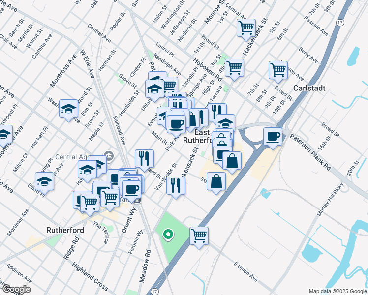 map of restaurants, bars, coffee shops, grocery stores, and more near 165 Main Street in East Rutherford