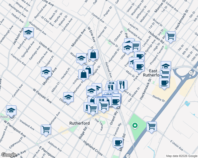 map of restaurants, bars, coffee shops, grocery stores, and more near 47 Ivy Place in Rutherford