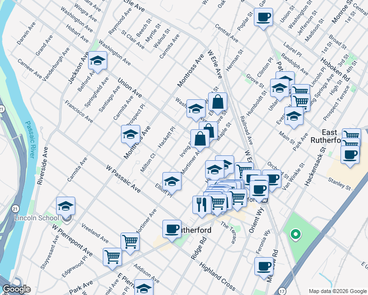 map of restaurants, bars, coffee shops, grocery stores, and more near 125 Irving Place in Rutherford