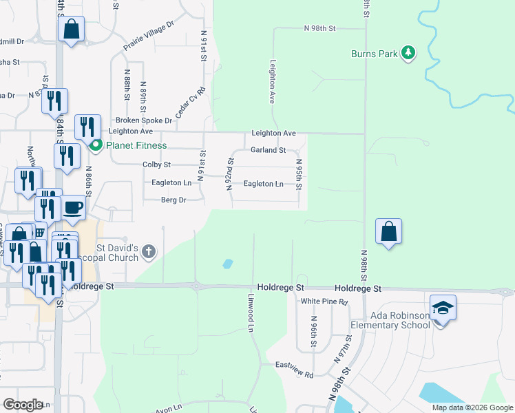 map of restaurants, bars, coffee shops, grocery stores, and more near 9229 Berg Drive in Lincoln