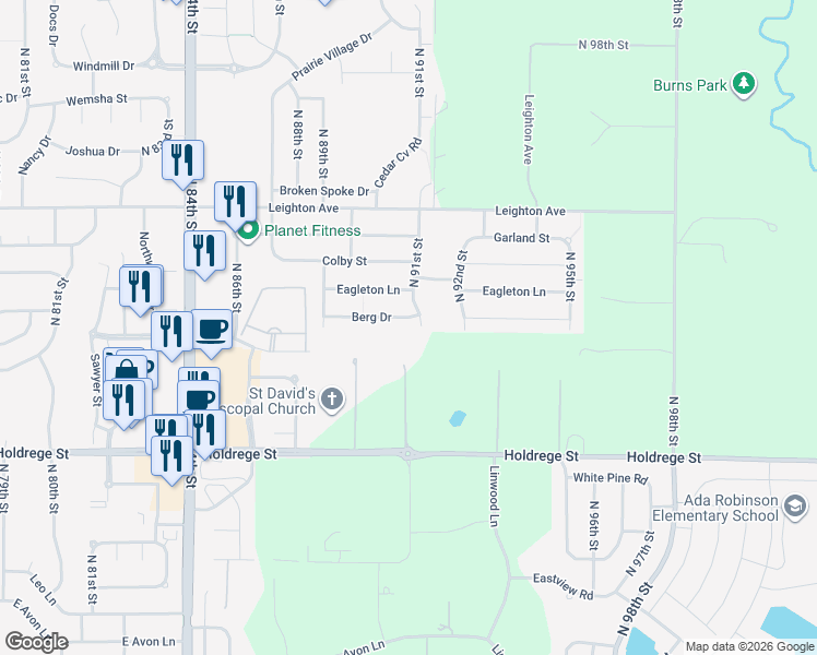 map of restaurants, bars, coffee shops, grocery stores, and more near 9041 Berg Drive in Lincoln