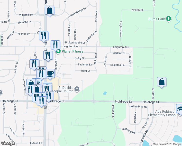 map of restaurants, bars, coffee shops, grocery stores, and more near 8911 Berg Drive in Lincoln