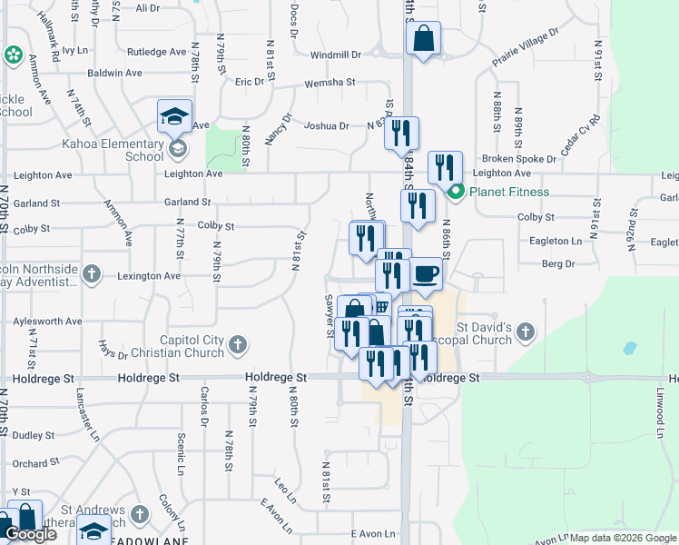 map of restaurants, bars, coffee shops, grocery stores, and more near 8112 Northern Lights Drive in Lincoln