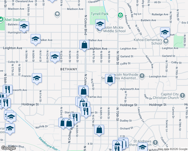 map of restaurants, bars, coffee shops, grocery stores, and more near 1825 North 68th Street in Lincoln