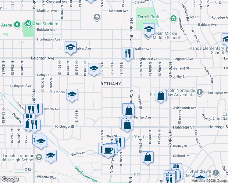 map of restaurants, bars, coffee shops, grocery stores, and more near 1810 North 64th Street in Lincoln
