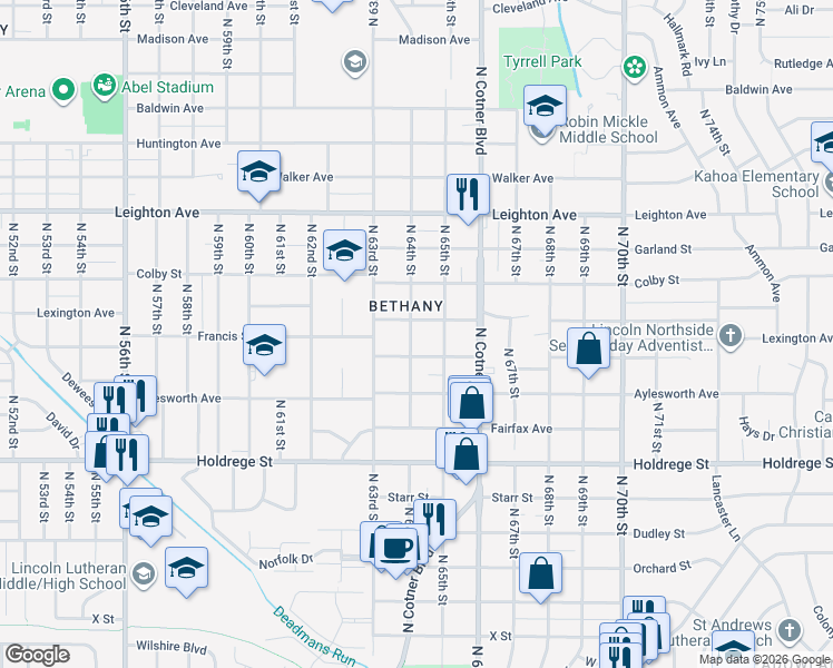 map of restaurants, bars, coffee shops, grocery stores, and more near 1810 North 64th Street in Lincoln