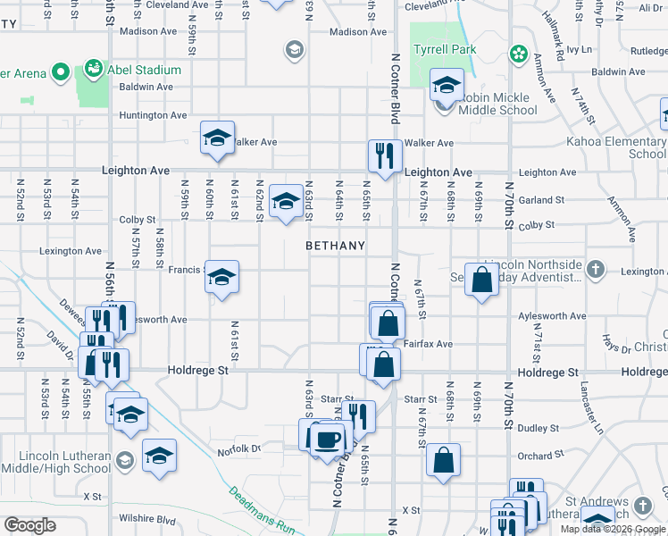 map of restaurants, bars, coffee shops, grocery stores, and more near 1810 North 64th Street in Lincoln