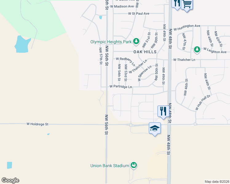 map of restaurants, bars, coffee shops, grocery stores, and more near 5421 West Partridge Lane in Lincoln