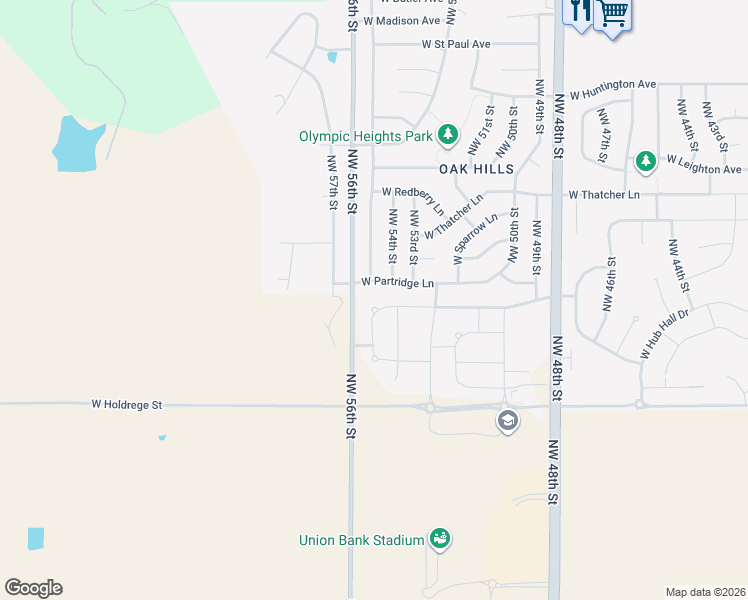 map of restaurants, bars, coffee shops, grocery stores, and more near 5421 West Partridge Lane in Lincoln