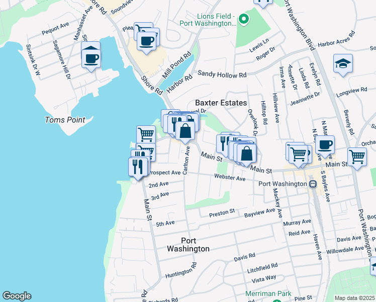 map of restaurants, bars, coffee shops, grocery stores, and more near 9 Carlton Avenue in Port Washington