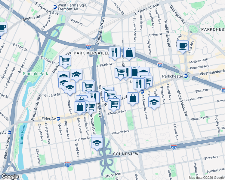 map of restaurants, bars, coffee shops, grocery stores, and more near 1266 Fteley Avenue in Bronx