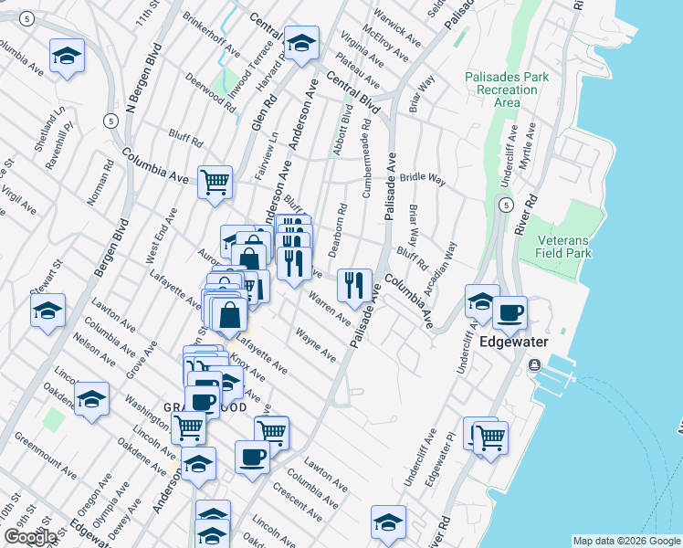 map of restaurants, bars, coffee shops, grocery stores, and more near 1002 Cumbermeade Road in Fort Lee
