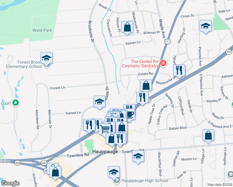 map of restaurants, bars, coffee shops, grocery stores, and more near 4 Privet Court in Smithtown