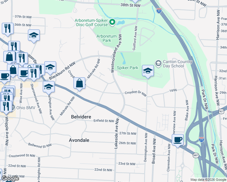 map of restaurants, bars, coffee shops, grocery stores, and more near 3201 Croydon Drive Northwest in Canton