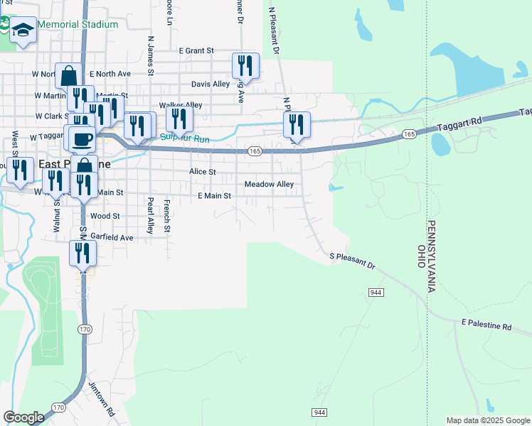 map of restaurants, bars, coffee shops, grocery stores, and more near 615 1/2 East Main Street in East Palestine