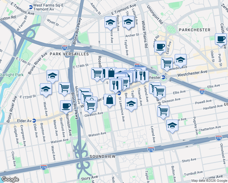 map of restaurants, bars, coffee shops, grocery stores, and more near in The Bronx
