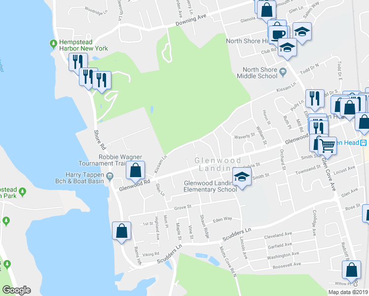 map of restaurants, bars, coffee shops, grocery stores, and more near 2 Woodmere Lane in Glenwood Landing