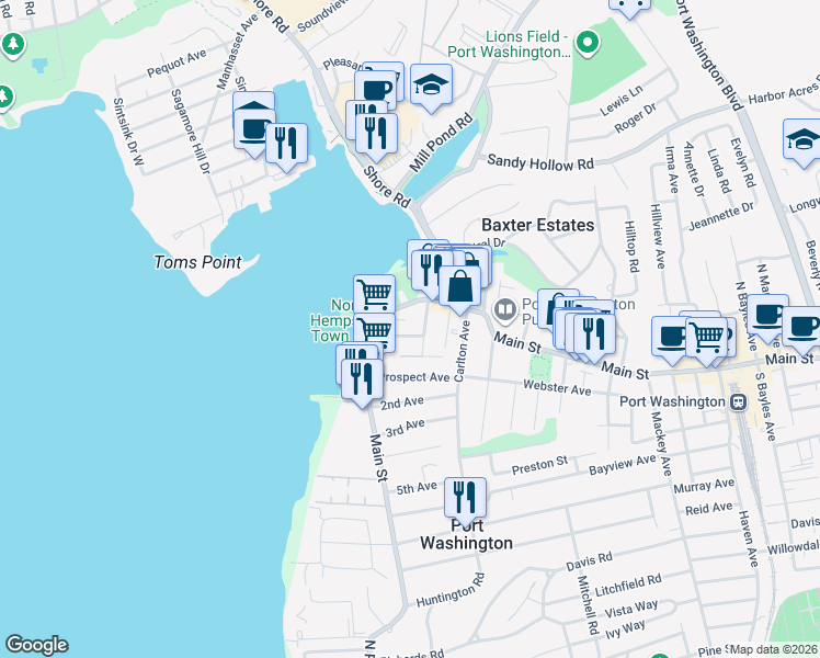 map of restaurants, bars, coffee shops, grocery stores, and more near 8 Covert Street in Port Washington