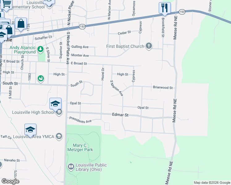 map of restaurants, bars, coffee shops, grocery stores, and more near 1665 Briarwood Street in Louisville