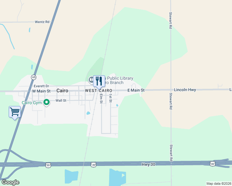 map of restaurants, bars, coffee shops, grocery stores, and more near 242 East Main Street in Elida