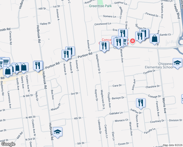 map of restaurants, bars, coffee shops, grocery stores, and more near 42 University Drive in Lake Ronkonkoma