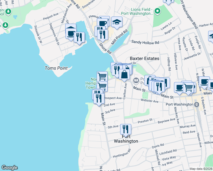 map of restaurants, bars, coffee shops, grocery stores, and more near 8 Covert Street in Port Washington