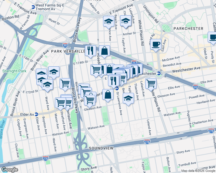 map of restaurants, bars, coffee shops, grocery stores, and more near 1256 Rosedale Avenue in Bronx