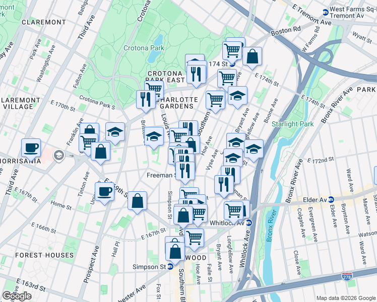 map of restaurants, bars, coffee shops, grocery stores, and more near 1327 Southern Boulevard in The Bronx
