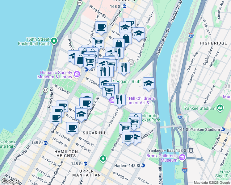 map of restaurants, bars, coffee shops, grocery stores, and more near 889 Saint Nicholas Avenue in New York