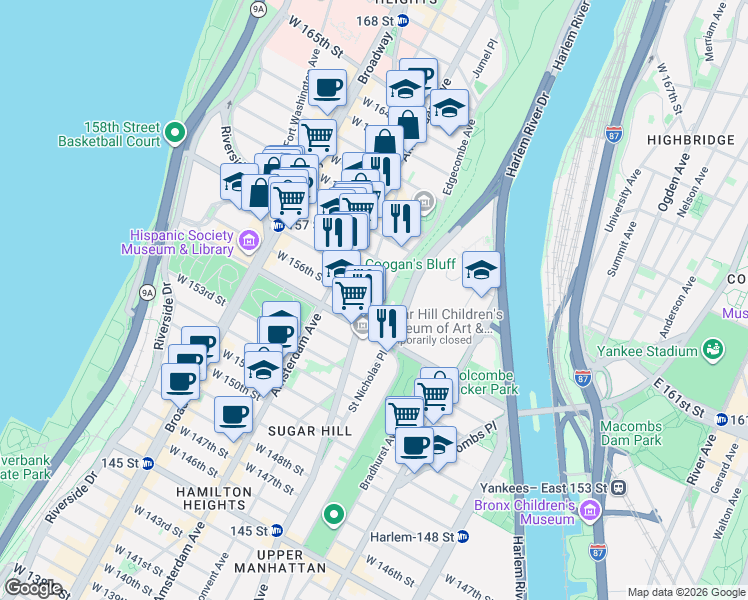 map of restaurants, bars, coffee shops, grocery stores, and more near 889 Saint Nicholas Avenue in New York