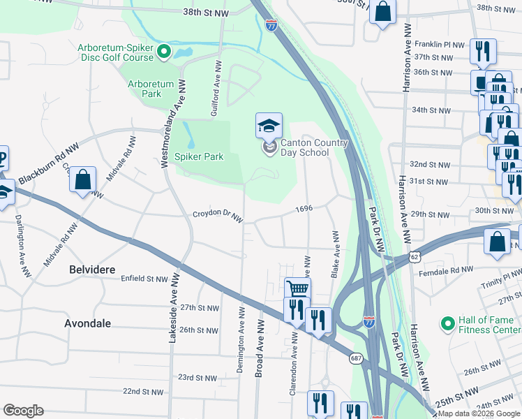 map of restaurants, bars, coffee shops, grocery stores, and more near 2747 Orchard Park Street Northwest in Canton