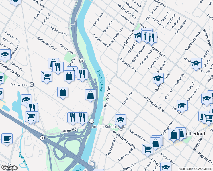 map of restaurants, bars, coffee shops, grocery stores, and more near 278 Riverside Avenue in Rutherford