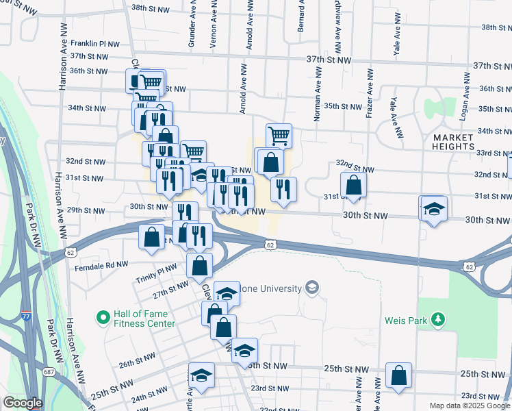 map of restaurants, bars, coffee shops, grocery stores, and more near 1106 30th Street Northwest in Canton