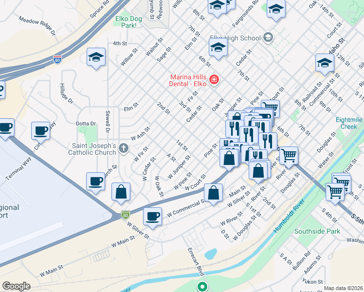 map of restaurants, bars, coffee shops, grocery stores, and more near 775 1st Street in Elko