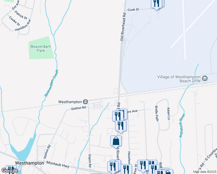map of restaurants, bars, coffee shops, grocery stores, and more near 137 Old Riverhead Road in Hampton Bays