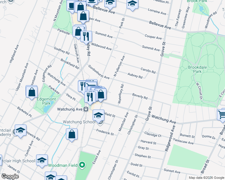 map of restaurants, bars, coffee shops, grocery stores, and more near 349 North Fullerton Avenue in Montclair