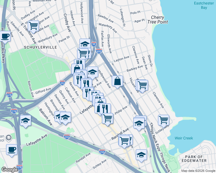 map of restaurants, bars, coffee shops, grocery stores, and more near 3051 Lafayette Avenue in Bronx