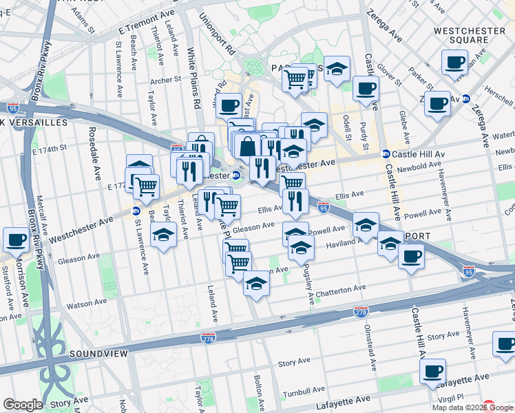 map of restaurants, bars, coffee shops, grocery stores, and more near 1941 Ellis Avenue in The Bronx