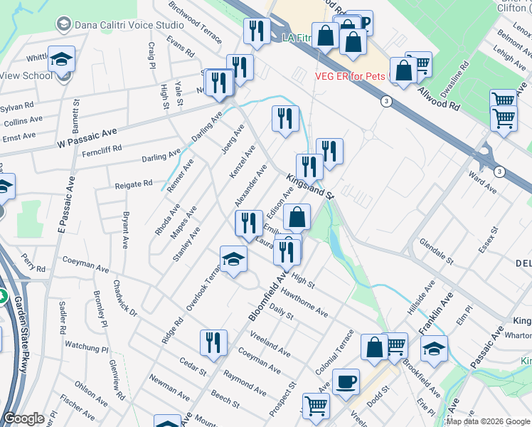 map of restaurants, bars, coffee shops, grocery stores, and more near 39 Edison Avenue in Nutley