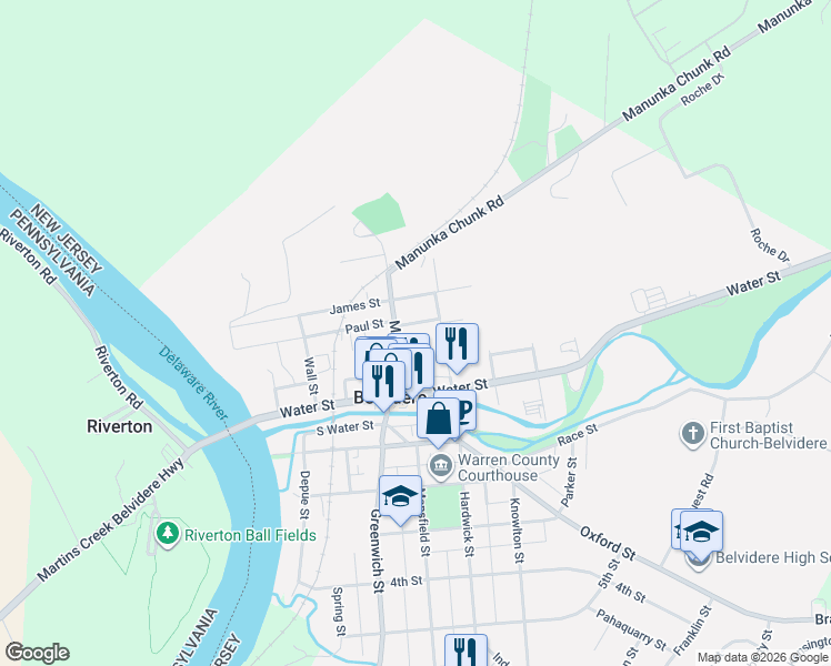 map of restaurants, bars, coffee shops, grocery stores, and more near 194 Market Street in Belvidere